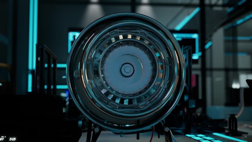 Generated Engineering Turbine In Lab. Aircraft Engine Animation