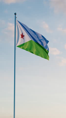 Djibouti Djibouti Flag Vertical Cinematic Realistic Waving Dolly Out Blue Sky