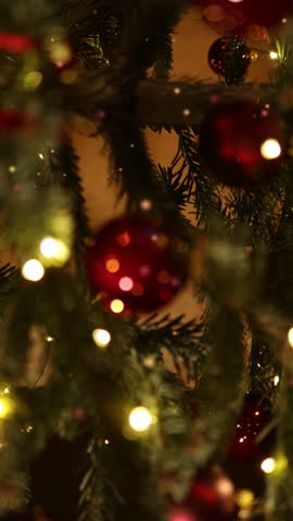 Christmas Tree with Red Balls and Stars. Winter Holiday Background. High quality 4k footage