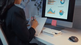 Businesswoman sitting at a desk, analyzing charts and data on a computer, focused on strategy and financial growth - Powered by Shutterstock - Get 15% off with code: PIKWIZARD15