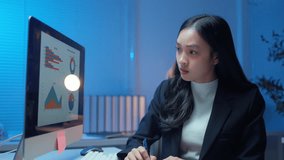 Businesswoman is analyzing charts and graphs on her computer screen, working late in the office - Powered by Shutterstock - Get 15% off with code: PIKWIZARD15