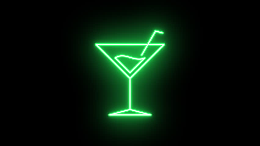 Neon martini icon animation, slow blink. Glowing neon cocktail sign, looped slow flashing animation. Night cocktail, martini glass, alcohol bar, drinks menu, summer party. Orange, yellow, green colors