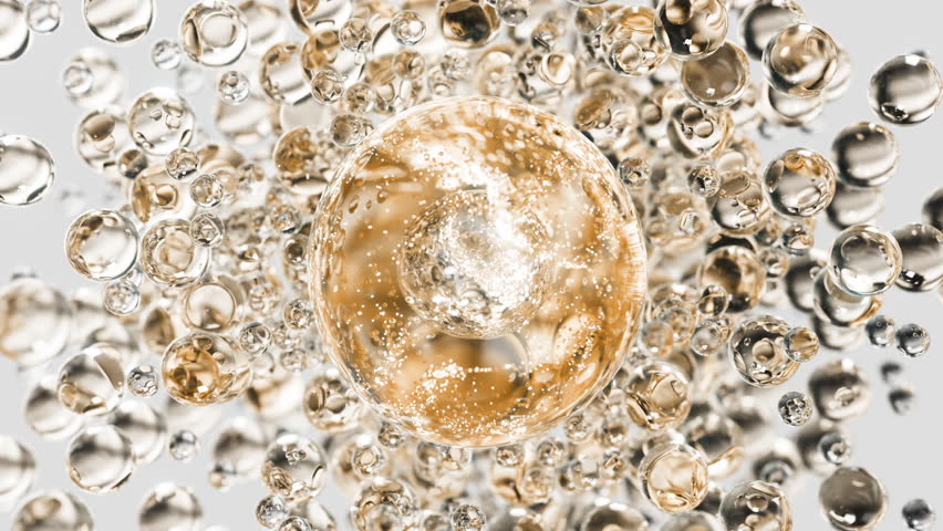 Gold cosmetic serum with liquid bubbles in a 3D abstract background. Hydrating essence gel enriched with collagen molecules. Moisturizing cream or oil for advanced skincare, beauty, and skin health.