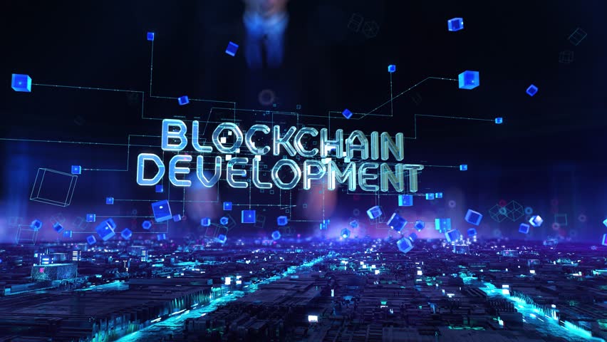 Blockchain Development- businessman working with virtual reality at office.
