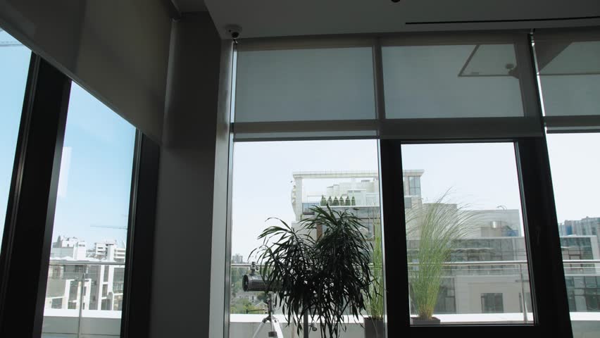 A modern workspace with natural light and lush greenery, creating an inspiring atmosphere