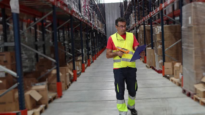 Warehouse worker using a scanner to check inventory in a spacious warehouse, ensuring accurate stock management