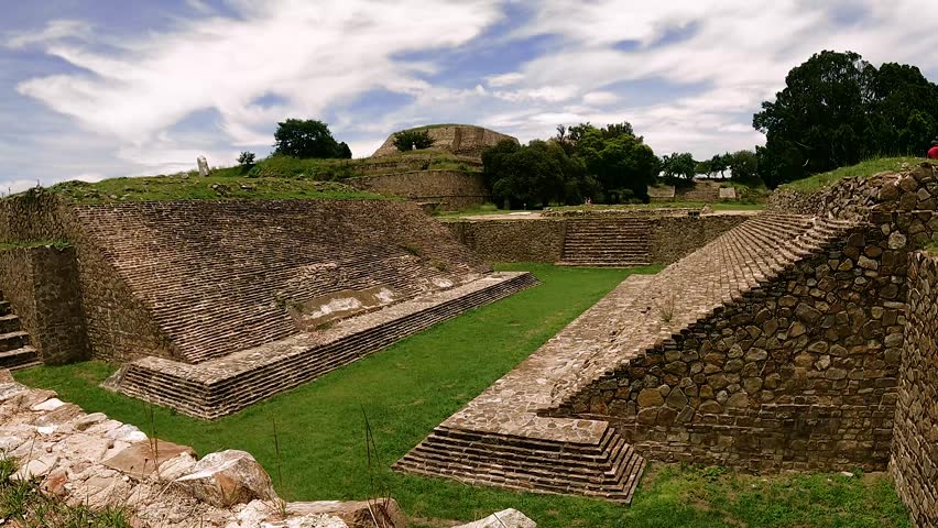 General view of ruins and piramyds at the ancient archaelogical site of Monte Alban in Oaxaca, Mexico