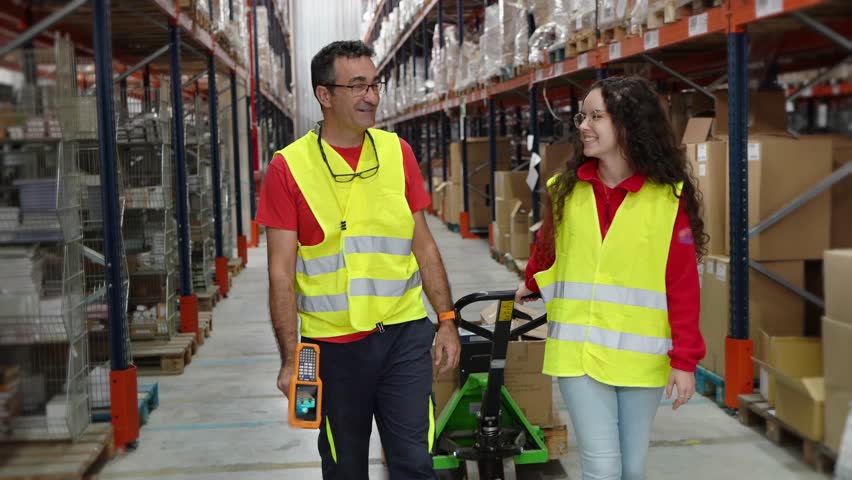 Warehouse workers walk and talk in slow motion along a spacious aisle, showcasing teamwork and collaboration in a bright environment - Powered by Shutterstock - Get 15% off with code: PIKWIZARD15