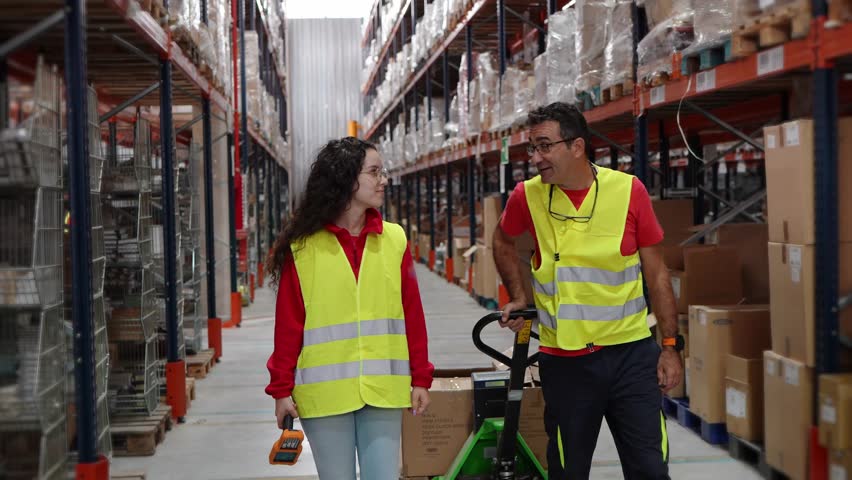 Two warehouse workers interact and walk together in a large storage aisle, emphasizing teamwork and communication in a logistics environment
