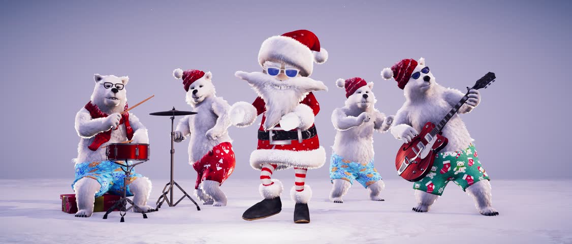 Christmas Party: Funny Santa Claus and polar bears play guitars and drums on a winter snowy background. Animated video for greeting cards, festive events, and New Year's parties.
