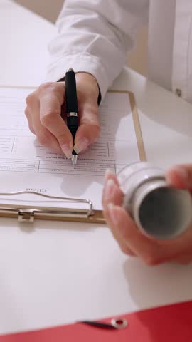 Vertical HD video. Close up view of female nutritionist hands preparing diet plan for patient at consultation. Nutrition and diet concept.