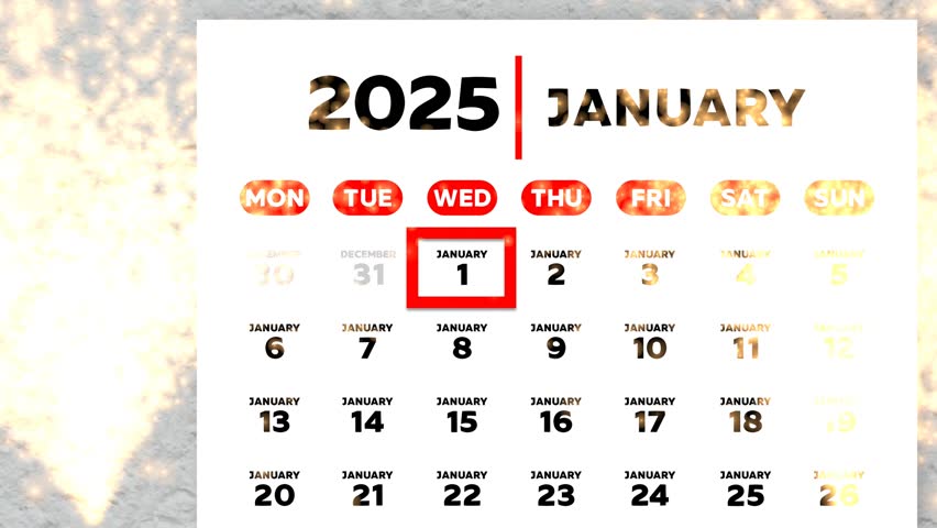 Close-up of a wall calendar with a red cursor moving to the January 1st date 2025