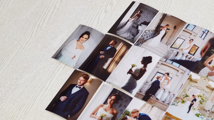 Printed wedding photos laid out on a wooden surface. professional photographer. the memory of an important day.
