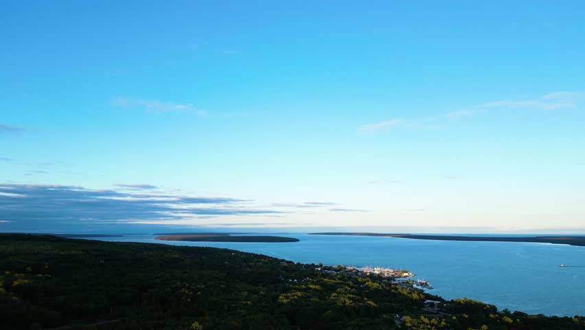 Aerial view of the Apostle Islands in Wisconsin with Bayfield and the Madeline Island ferry