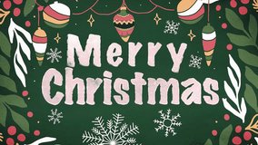 Retro Christmas Text animation with bold typography 'Merry Christmas' text, festive ornaments, foliage, snowflakes, and textured background, evoking vintage holiday charm and warmth - Powered by Shutterstock - Get 15% off with code: PIKWIZARD15