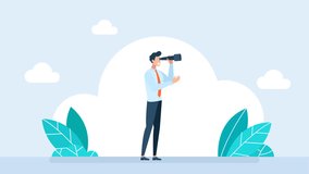 A businessman is looking into the future with a telescope. Clouds and a paper airplane are moving in the background. Business metaphor. Purposefulness. A man with a spyglass. 2d flat animation - Powered by Shutterstock - Get 15% off with code: PIKWIZARD15