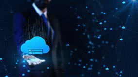 Businessman holds cloud computing icon hand, digital network cloud symbols connected lines. futuristic background technology, innovation, modern business IT data storage, cloud. 3D Illustration - Powered by Shutterstock - Get 15% off with code: PIKWIZARD15