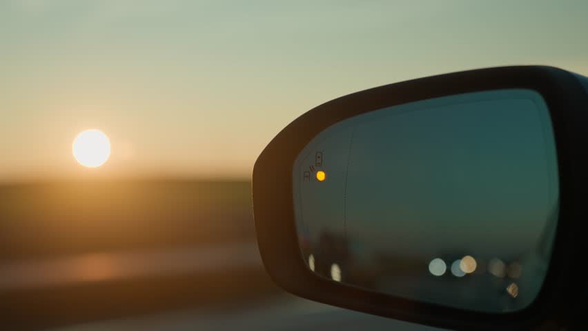 Car driving on highway at sunset with working blind spot alert in rear view mirror. Modern vehicle assistant warns of vehicles approaching from behind. Technology for safety driving