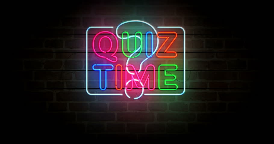 Quiz time question competition quest neon symbol on brick wall. Education game light color bulbs. Loopable and seamless abstract concept animation.