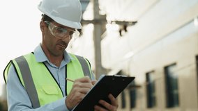 Portrait of man engineer in reflective vest making notes on construction site. Male worker in hardhat records current phase of project holding clipboard while looking away - Powered by Shutterstock - Get 15% off with code: PIKWIZARD15