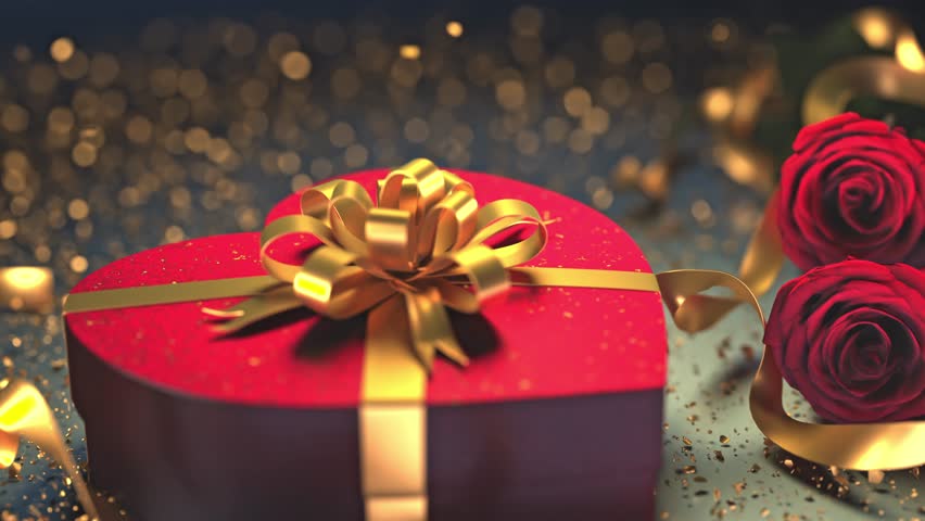 Elegant red heart box with a gold ribbon, roses, and golden glitter on a dark surface. Perfect for a luxurious Valentine’s Day gift for a loved one.
