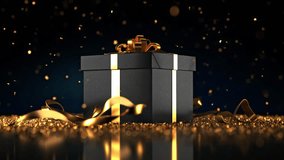 A black box with a gold ribbon sparkles under the light, surrounded by golden glitter. Luxurious design makes it perfect for festive or romantic gifts. - Powered by Shutterstock - Get 15% off with code: PIKWIZARD15