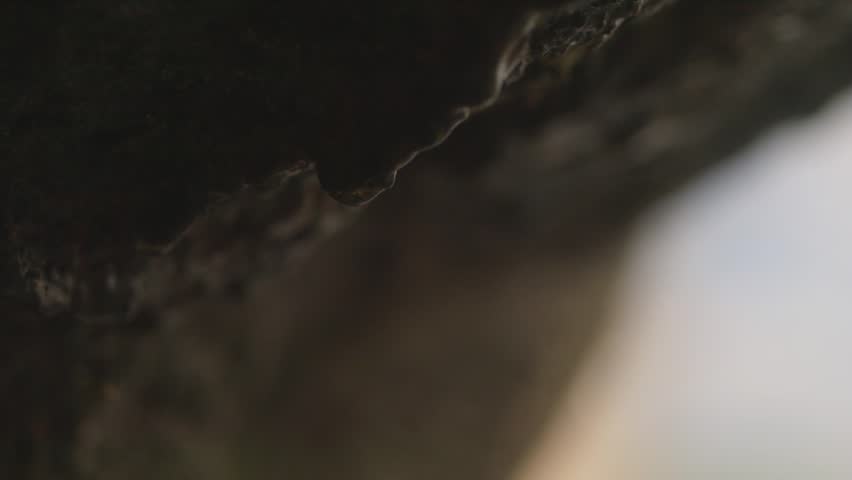 Crystal-clear water falls from rocks, droplets visible in slow motion. A waterfall flows in the background, symbolizing purity and environmental awareness.