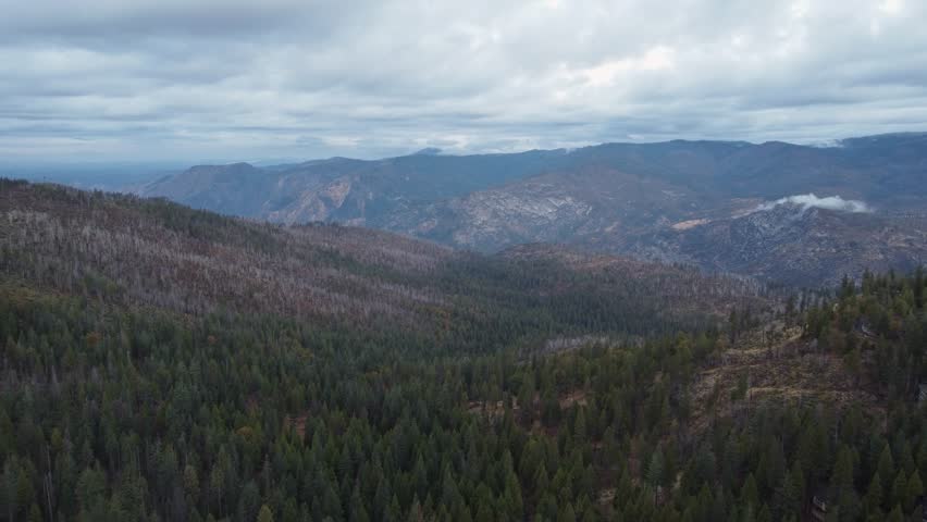 An aerial footage of Yosemite National Park at sunset in California