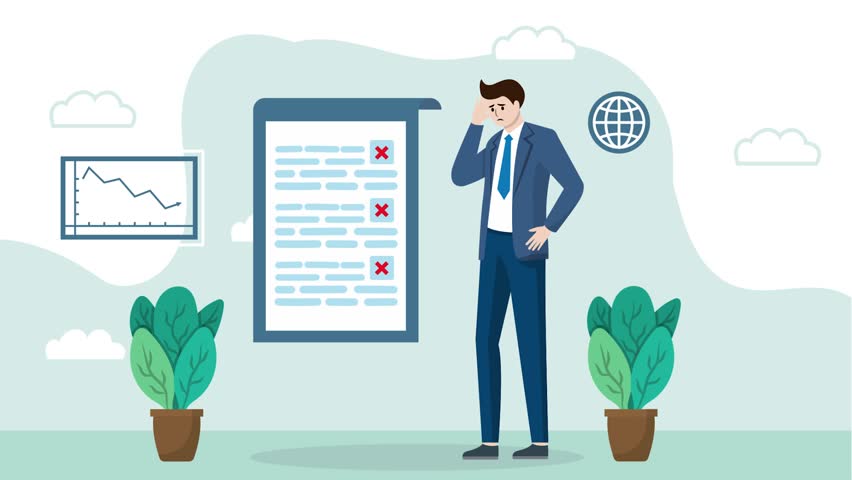 A sad man with declining graphs and rejection papers, symbolizing business loss in flat 2D animation - Powered by Shutterstock - Get 15% off with code: PIKWIZARD15