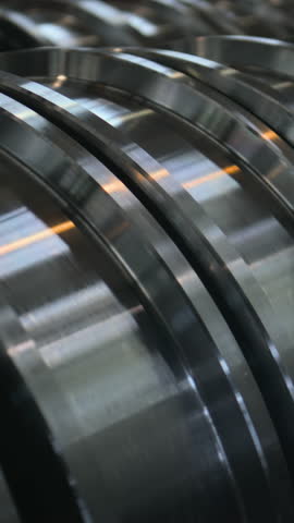 Vertical shot of products made from metal or steel lying at manufacturing factory, plant or warehouse after professional metalworking prepared for transportation. Heavy industry technology concept.