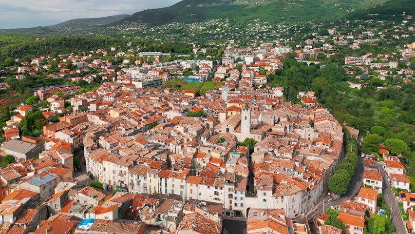Aerial view of the medieval city of Vence. Vence town is set in the hills of the Alpes Maritimes department in the Provence-Alpes-Cote d'Azur region in southern France between Nice and Antibes.