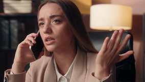 Annoyed irritated angry Caucasian business woman worker businesswoman manager employer female talking mobile phone smartphone online call conflict discuss problem quarrel bad connection wifi at office - Powered by Shutterstock - Get 15% off with code: PIKWIZARD15