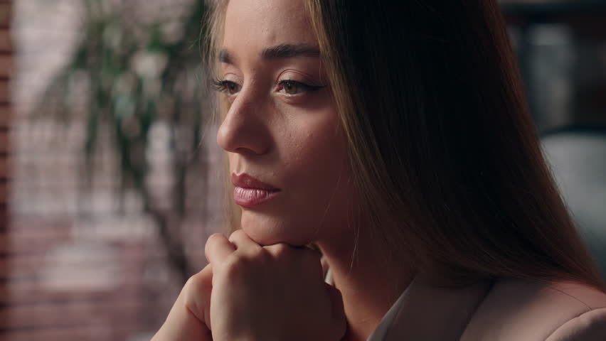 Close up sad depressed pensive Caucasian business woman female girl thoughtful businesswoman leader office worker employer CEO thinking manager unhappy expression work problems burnout crisis indoors