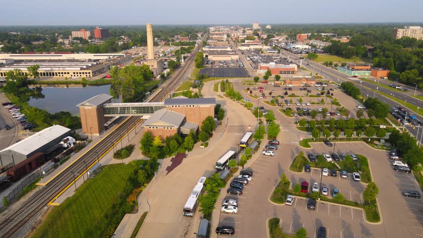 Aerial View of Dearborn Train Station and Elm St Powerhouse in Dearborn Michigan, USA