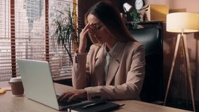 Tired Caucasian business woman female girl businesswoman office worker employer work online laptop typing computer take off glasses rubbing nose eyes bad vision eyestrain headache fatigue pain indoor - Powered by Shutterstock - Get 15% off with code: PIKWIZARD15