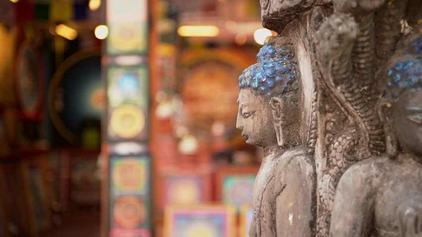 Buddha Statue at Buddhist Temple in Kathmandu Nepal, Close Up Detail of Buddhist Stone Statues at a Famous Religious Site for Buddhism Religion, Symbol of Buddhist Religion
