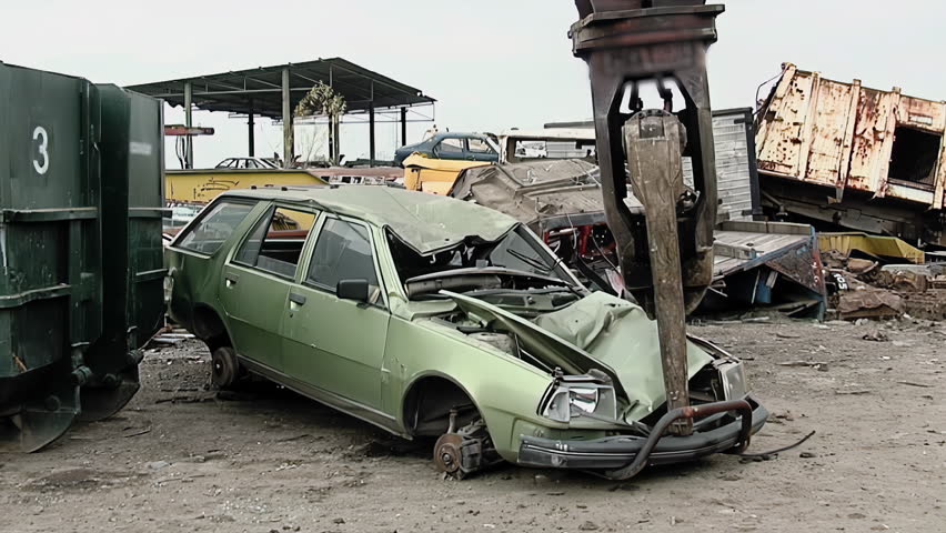 Crane Removing the Hood of a Wrecked Car in Scrap Metal Recycling Plant - 4K