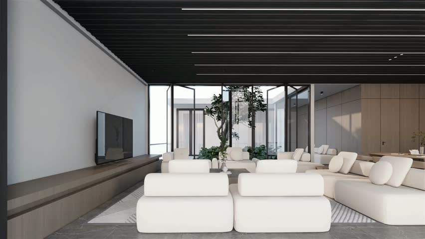 Animation Modern minimalist living space with open plan, natural lighting, black-accented ceiling