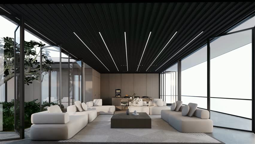 Animation Modern minimalist living space with open plan, natural lighting, black-accented ceiling