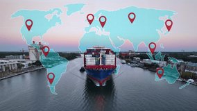 Aerial of a cargo ship with animated international connection lines spanning the globe, illustrating the concept of import export trade and global commerce - Powered by Shutterstock - Get 15% off with code: PIKWIZARD15