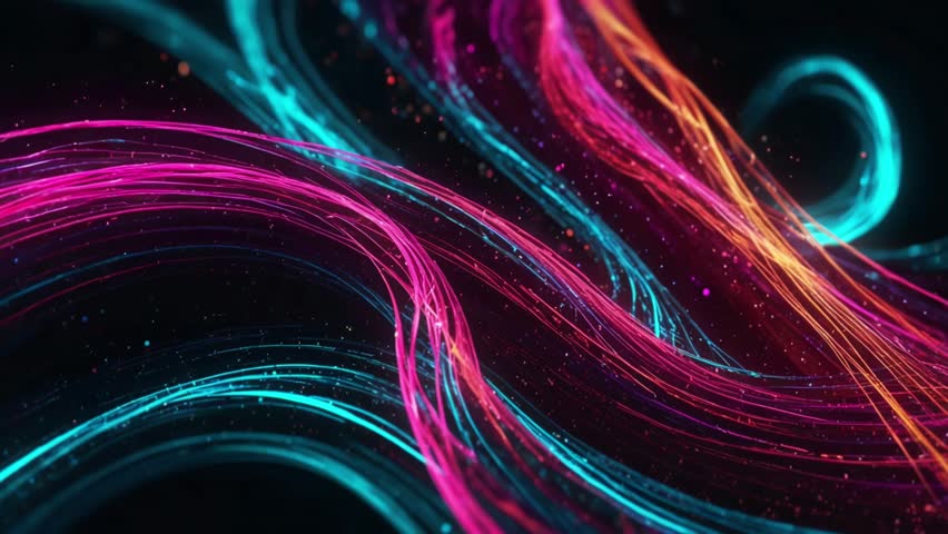 Abstract animated 3D background. Glowing neon swirls of swirling lines form spirals. Pink blue light swirls and vibrant particles leave visible trails. 4k