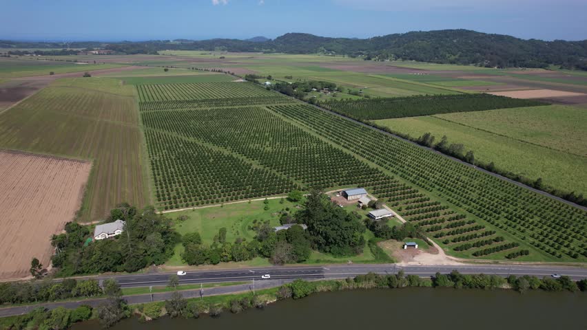 Agricultural Fields Along Tweed Valley Way On Banks Of Tweed River. Tumbulgum In New South Wales, Australia. aerial sideways shot