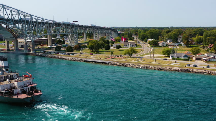 AERIAL: US and Canada flags at the border in Port Huron and Sarnia, sunny day