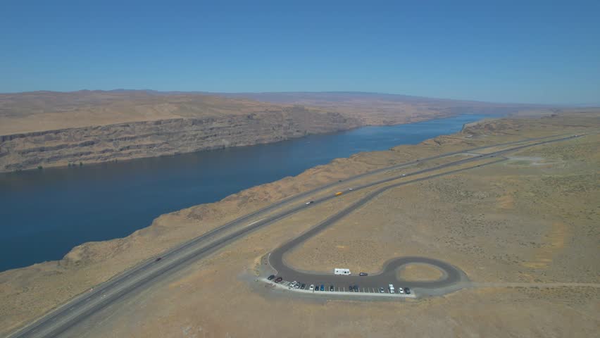 Aerial drone flyover Columbia River Gorge, Vantage, Washington