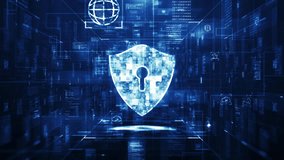 Cyber security concept. Digital shield with keyhole symbolizing cybersecurity on a futuristic blue data network background. - Powered by Shutterstock - Get 15% off with code: PIKWIZARD15