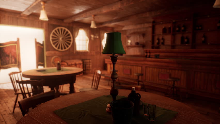 The cozy saloon features wooden tables and chairs, dim lighting from lamps, and shelves lined with bottles, creating a welcoming atmosphere for patrons to relax and socialize.