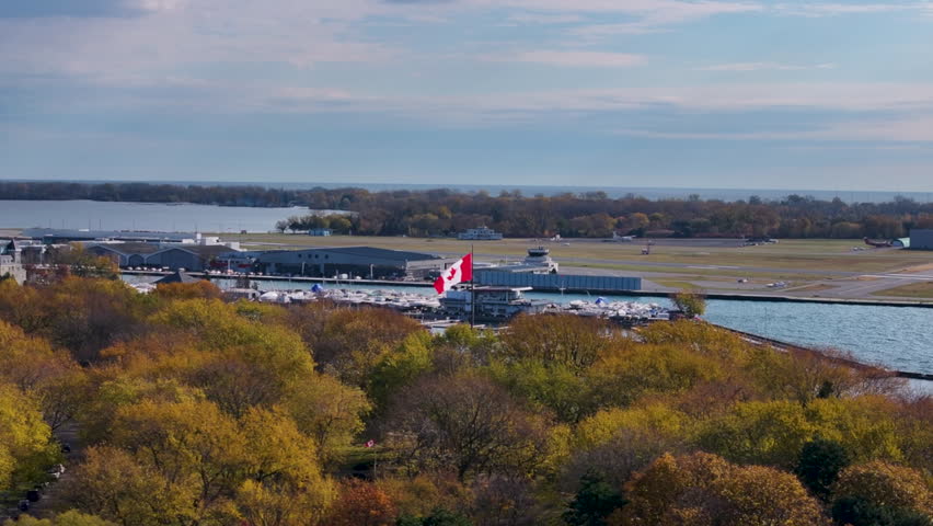 Aerial drone flight over the marina and island airport in Toronto