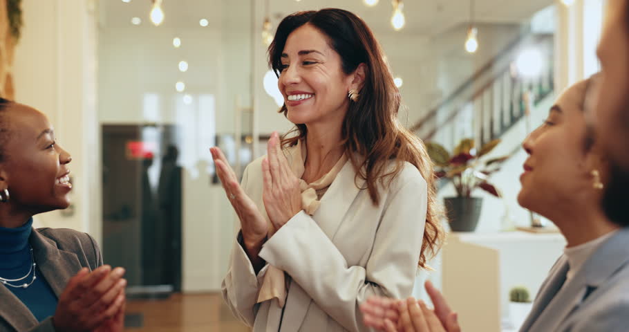 Business, people and applause at office with woman for job promotion and career opportunity. Diversity, employees and happy or smile with clapping hands for congratulations, well done and thanks