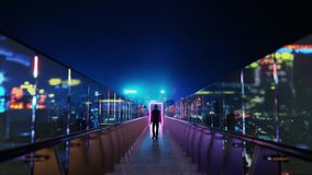 Businessman is walking on a skywalk towards a glowing portal above a futuristic city. 3D rendering - Powered by Shutterstock - Get 15% off with code: PIKWIZARD15