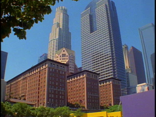 The Biltmore Hotel and downtown skyscrapers in Los Angeles at Pershing Square